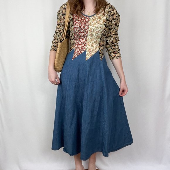 Stunning Vintage Cottagecore Patchwork Quilted Denim Midi Maxi Dress 70s 80s 90s - Picture 3 of 11